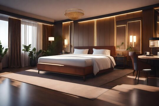 a photorealistic 3D illustration of a hotel room interior using AI image rendering