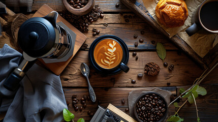 A coffee lovers flat lay with freshly brewed coffee a grinder roasted beans a French press and a pastry set on a rustic table. - obrazy, fototapety, plakaty