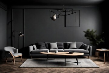 interior of living grey fabric sofa, wooden table, ceiling lamp and frame on wooden floor and black wall
