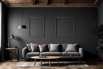 interior of living grey fabric sofa, wooden table, ceiling lamp and frame on wooden floor and black wall