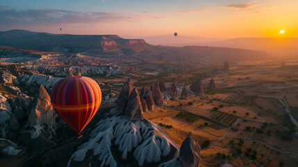 A colorful hot air balloon flight over Cappadocias unique fairy chimneys and rock formations at dawn. - obrazy, fototapety, plakaty