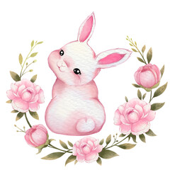 Watercolor easter bunny and flowers