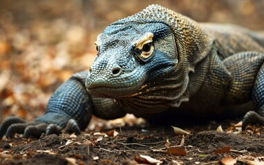 Obraz premium Komodo dragon with scaly skin blending with the earthy surrounding