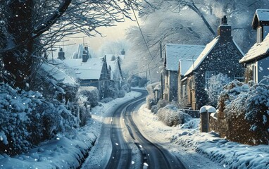 A picturesque snowy village scene with charming cottages and a winding path