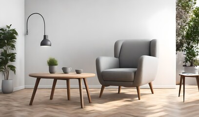 an AI image depicting the interior of a living space with a grey fabric armchair, a wooden table on a wooden floor, and a white wall