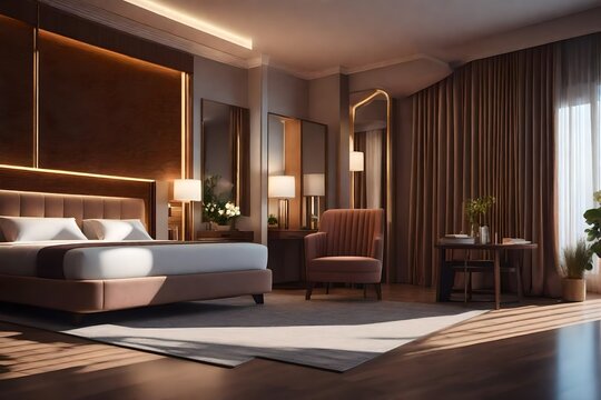 a photorealistic 3D illustration of a hotel room interior using AI image rendering.