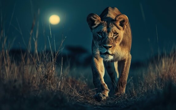 lioness on a nocturnal prowl in the moonlit savannah