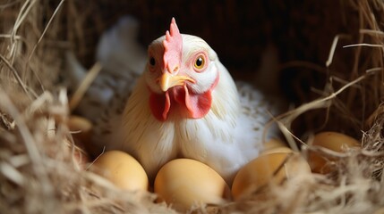 Close-up of a chicken with her eggs in a chicken coop. Farming concept and egg production.