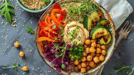 A colorful vegan Buddha bowl filled with quinoa roasted vegetables chickpeas and a dollop of hummus topped with sprouts. - obrazy, fototapety, plakaty