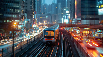 A commuter train traveling through a bustling urban environment during rush hour.