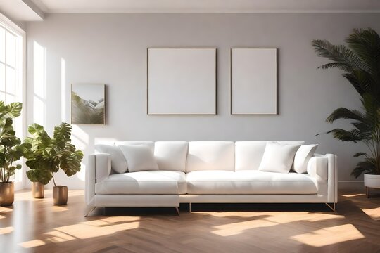 an AI prompt for ing an image of a contemporary living room featuring a white sofa against a blank wall background. Utilize 3D rendering and illustration techniques for a realistic depiction