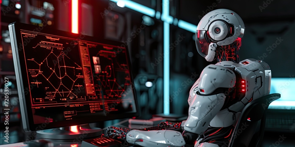 Poster a robot seamlessly integrating into an office environment, typing on a keyboard among human colleagu