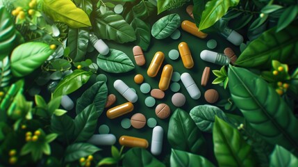 Natural supplements on green leaves nature background. Many health care multivitamins. Medicine vitamins for treatment. Organic bio pills. Herbal capsules. Homeopathy concept. Vegan detox product.