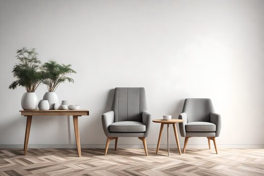 interior of living grey fabric armchair, wooden table on wooden floor and white wall