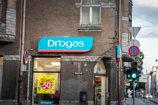 Picture of a sign with the logo of Drogas on one of their stores in Riga, Latvia. Drogas stores are selling cosmetics, healthcare items, household products and health food.