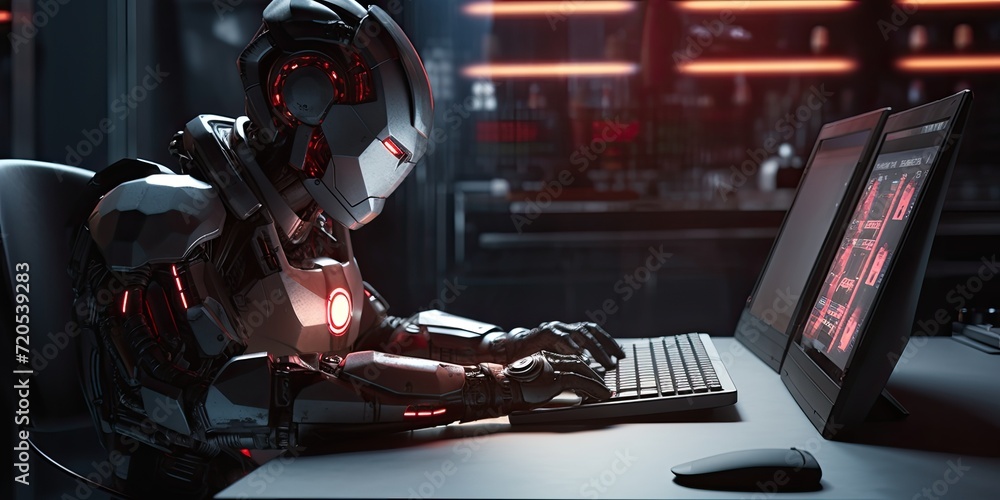 Poster a robot seamlessly integrating into an office environment, typing on a keyboard among human colleagu