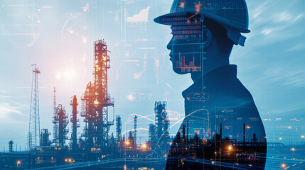 Factory plant and oil industry concept, double exposure business concept.
