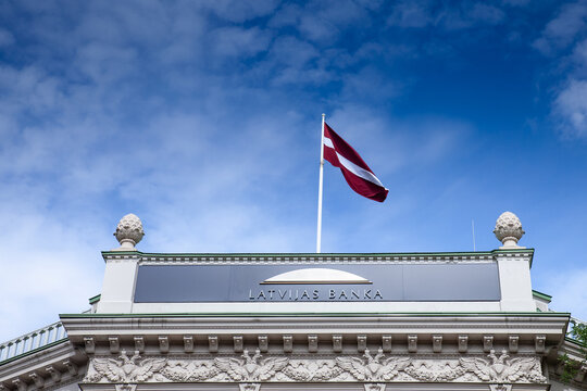Picture of the main entrance of the headquarters of the central bank of Latvia, National Bank of Latvia, also known as Latvijas Banka, In Riga. The Bank of Latvia is the Latvian member of the Eurosyst