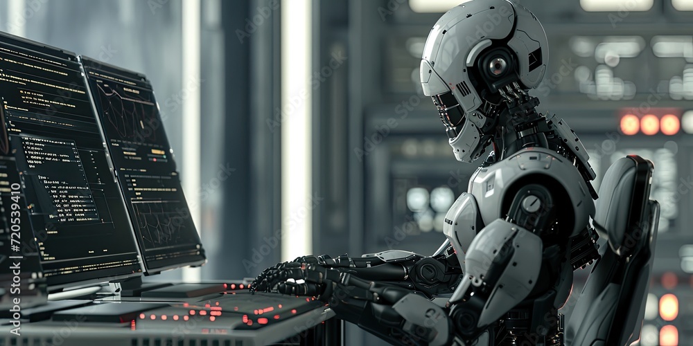 Poster a robot seamlessly integrating into an office environment, typing on a keyboard among human colleagu