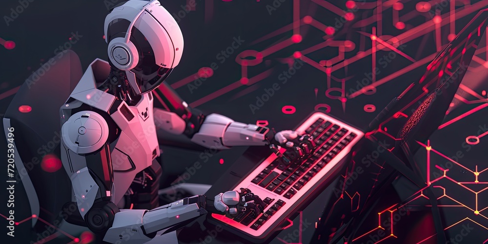 Poster a robot seamlessly integrating into an office environment, typing on a keyboard among human colleagu