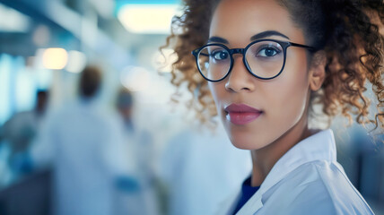 Teamwork within the modern Medical Science Laboratory by framing the beautiful young woman scientist in the foreground, confidently wearing her white coat and glasses