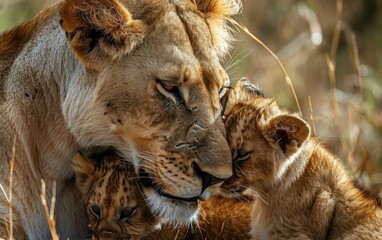 lion nurturing her cubs with tender affection