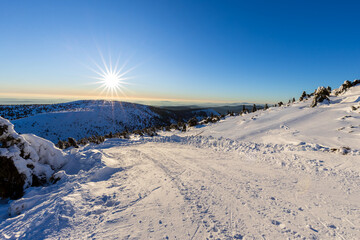 View of winter mountain landscape at sunset, the Giant mountains.