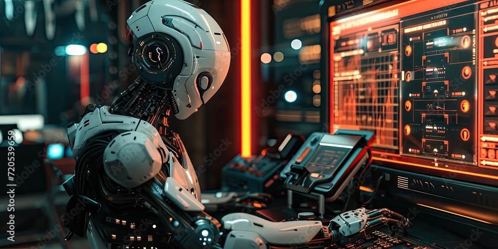 Poster a robot seamlessly integrating into an office environment, typing on a keyboard among human colleagu