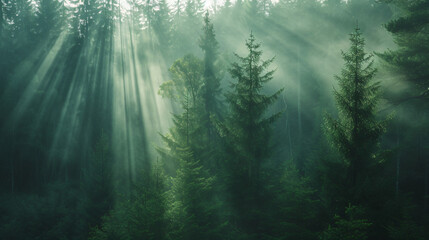 A coniferous forest in the early morning mist with rays of light filtering through. - obrazy, fototapety, plakaty