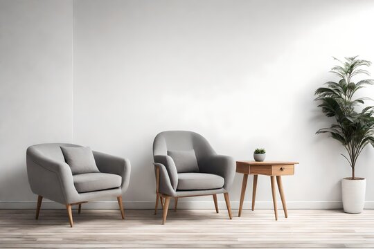 interior of living grey fabric armchair, wooden table on wooden floor and white wall