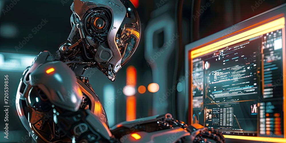 Poster a robot seamlessly integrating into an office environment, typing on a keyboard among human colleagu