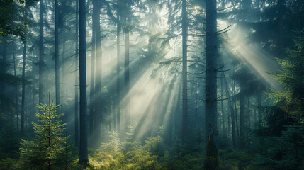 A coniferous forest in the early morning mist with rays of light filtering through.
