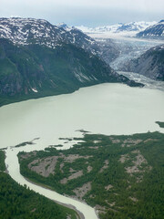 Glacier flows into Glacial Lake at Lake Clark National Park in Alaska. Double Glacier is Lake Clark...