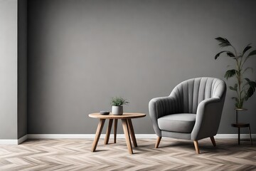 interior of living grey fabric armchair, wooden table on wooden floor and grey wall copy space