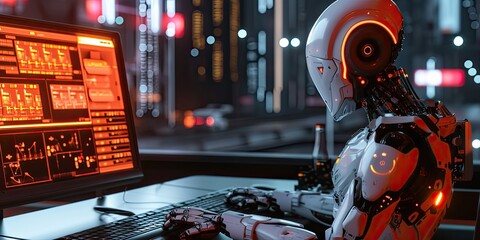 A robot seamlessly integrating into an office environment, typing on a keyboard among human colleagues.