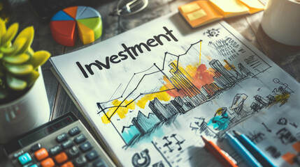 Fototapeta premium Abstract investment chart on blurry city backdrop.