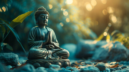 A statue of Buddha meditating. Mindfulnes, zen and meditation concept. - obrazy, fototapety, plakaty