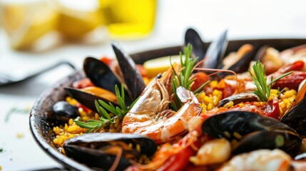 Side view of a Seafood and Chorizo Paella against a white backdrop