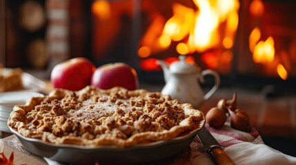 Streusel Topped Apple Pie against a winter fireplace