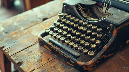 Vintage typewriter on an old wooden table