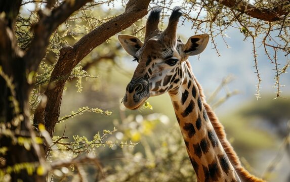 giraffe gracefully reaching for leaves on a towering acacia tree