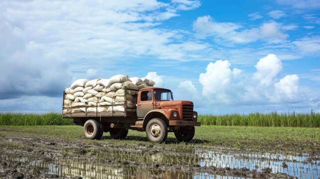 Shot of a sturdy farm truck loaded with bags of fertilizer