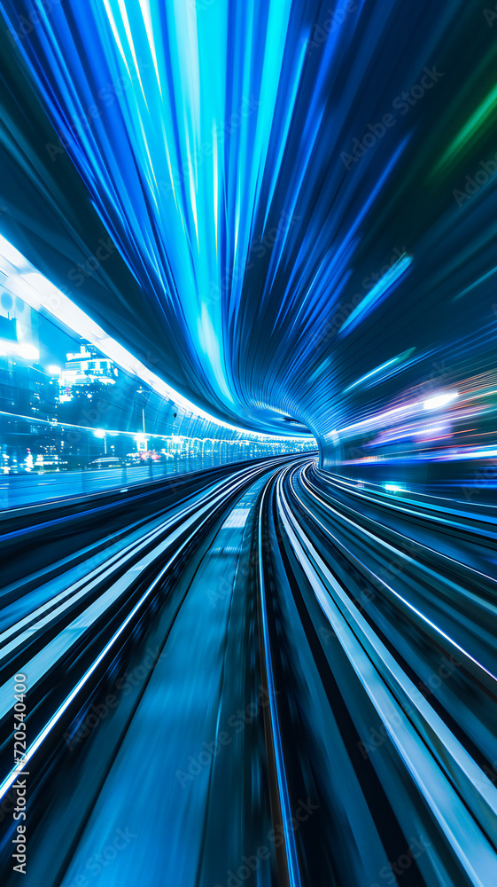Poster acceleration speed on the railroad. light and stripes fast motion blur.
