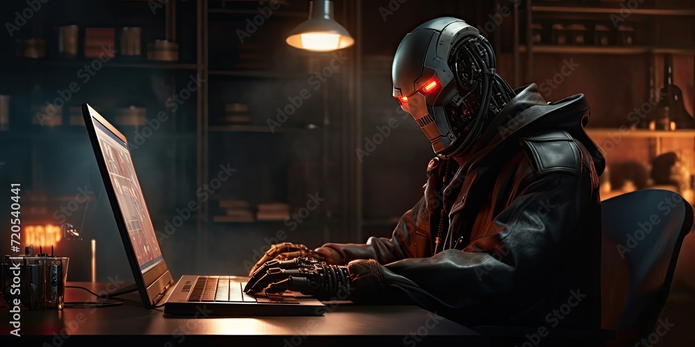 Poster in an office setting, a robot diligently operates a computer keyboard alongside human workers.
