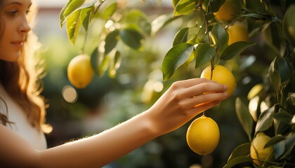 hand picking lemons from lemon tree. woman picking lemons. lemon picking season. citrus fruit...