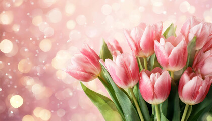 Fototapeta premium Beautiful composition spring flowers Bouquet of pink tulips flowers on pastel pink background