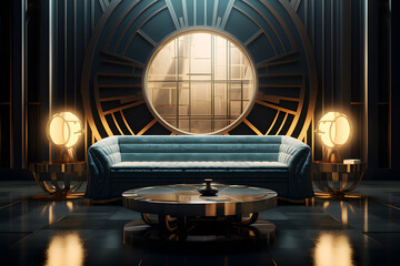 lounge with a circular sofa mirrored walls