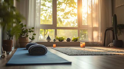 A cozy home fitness corner with yoga mats and minimal equipment. - obrazy, fototapety, plakaty