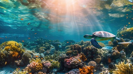 Fototapeta na wymiar Underwater Paradise: Turtles Swimming Amongst Vibrant Coral Reef