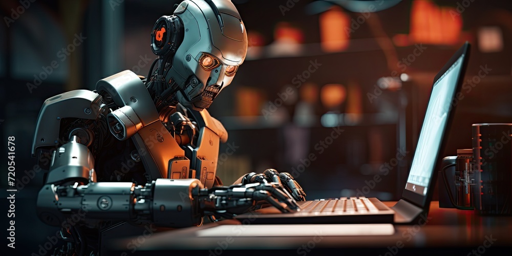 Poster in an office setting, a robot diligently operates a computer keyboard alongside human workers.